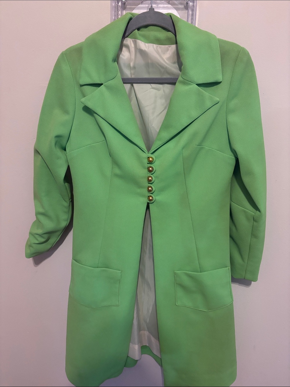 Vintage Mod Lime Green Women's Button-Front Coat Gold Buttons Retro 70s 60s